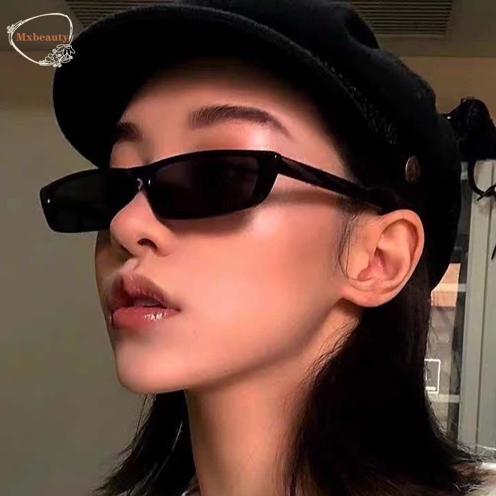 MXBEAUTY Wanita Kacamata Hitam Trendi Fashion Punk Hip Pop Merah Bingkai Kecil Hitam Rectangle Frame Sun Eyewear Cat Eye Sunglasses