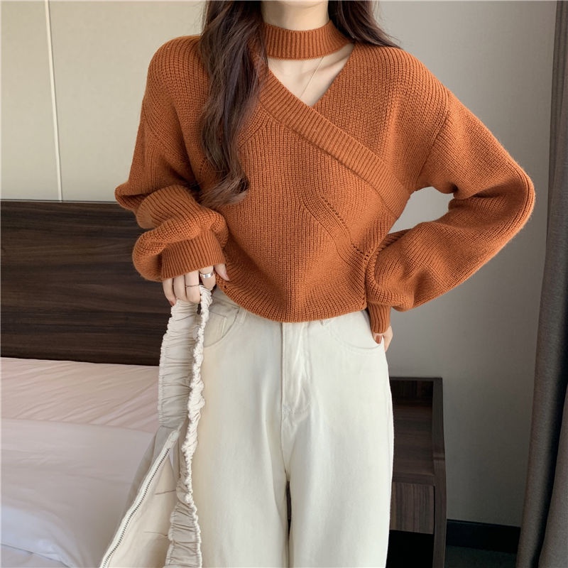 Sweater Oversize Wanita Polos Lengan Panjang Casual Halterneck Top