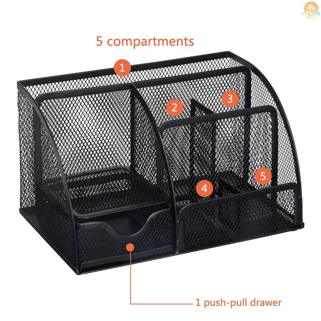 In Stock Meja Kantor 6-Grid Mesh Kotak Penyimpanan Notes Pensil Stand Table Organizer Perlengkapan Kantor