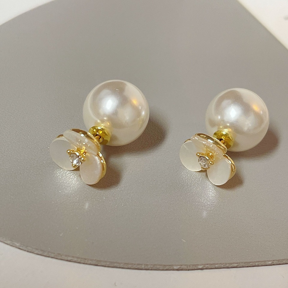 Model Korea Depan Belakang Memakai Bunga Shell Imitasi Anting Mutiara, Anting Stud Halus Dan Manis