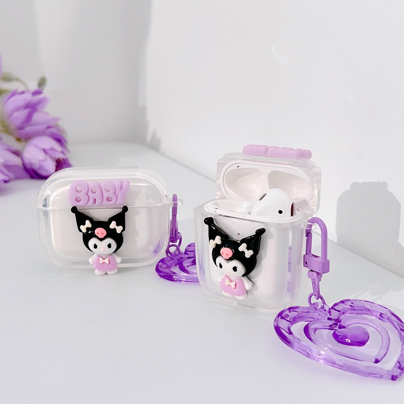 3d Lucu Kartun Kelinci Ajaib Transparan Bluetooth Earphone Case Cover Dengan Ungu Berongga Cinta Hati Pesona Liontin Untuk Airpods1 2 3 PRO PRO2