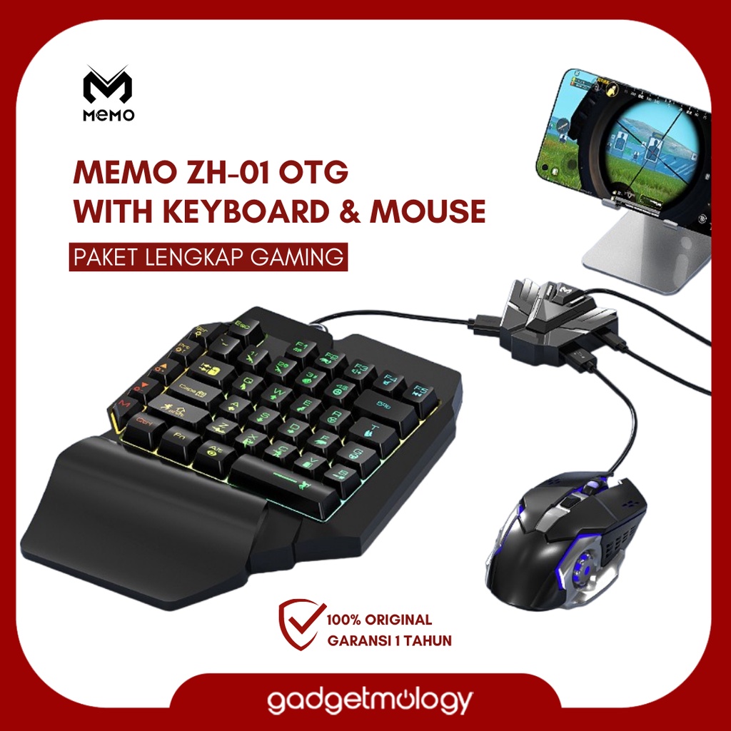 MEMO ZH01 OTG Converter Bundling Keyboard & Mouse Gaming Paket Lengkap Single Hand Game RGB Keyboard