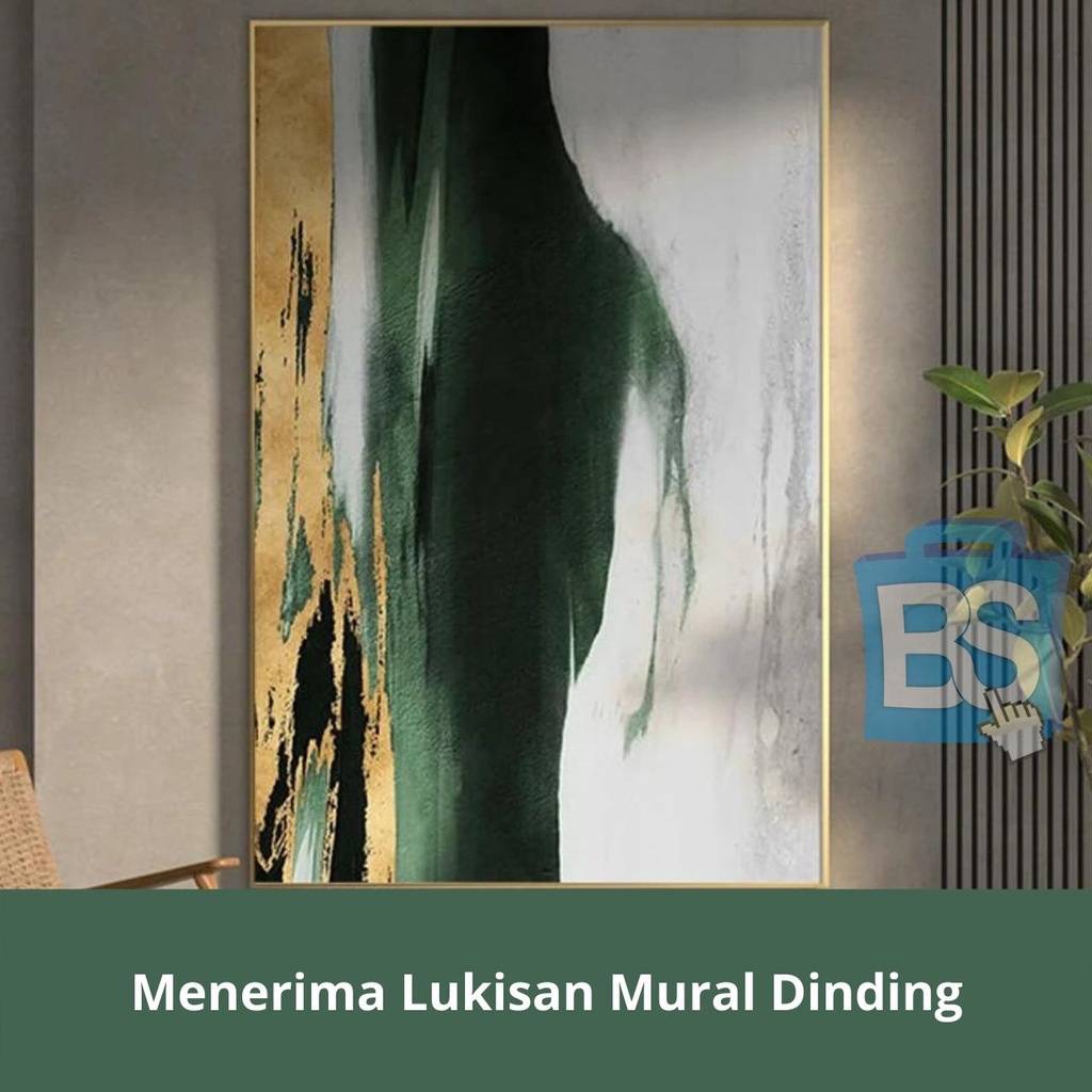 Lukisan Abstrak Hijau Emas Putih Netral Abstrak Kanvas Seni Daun Emas Lukisan Abstrak Ekstra Besar L