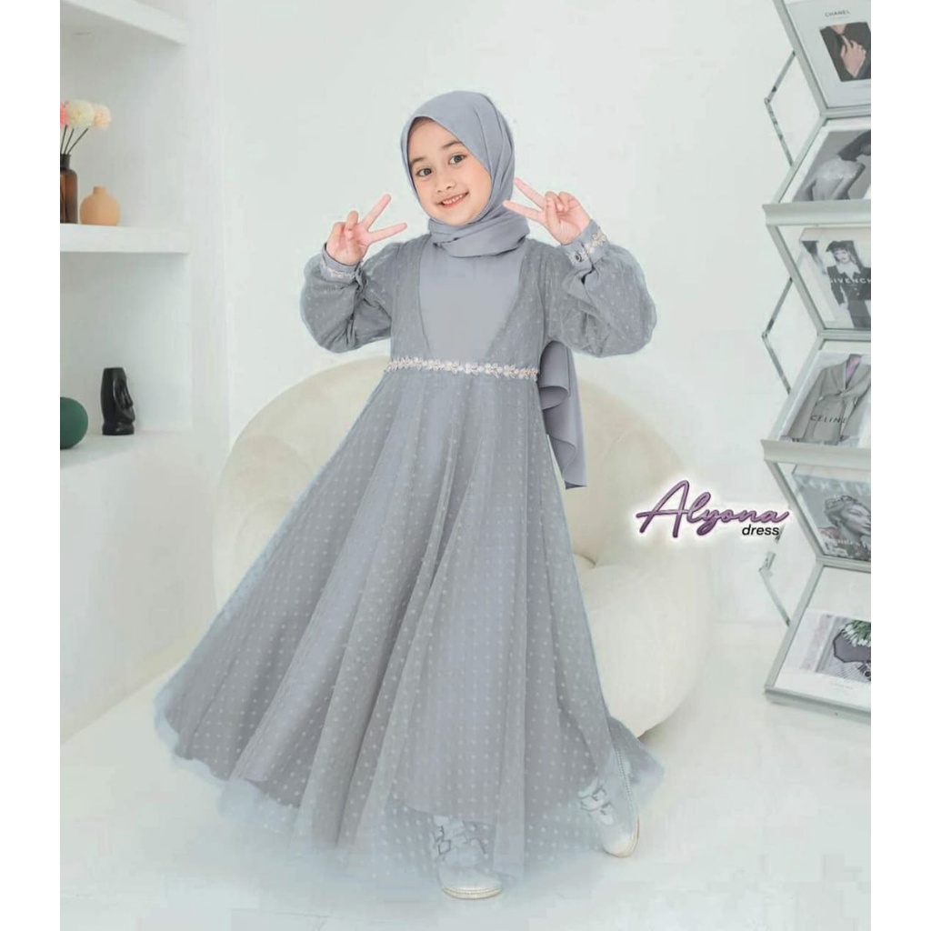 Aliona Kids Gamis Muslim Modern Kekinian Matt Cringkle Airflow Apk Renda Premium All Size Fit To 6-8 Tahun