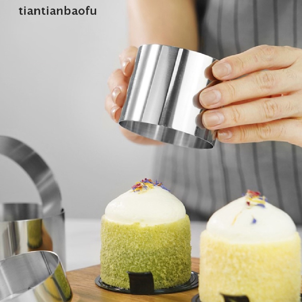 [tiantianbaofu] 1pc Cetakan Kue Cincin Mousse Stainless Steel Dengan Piring Dorong DIY Kue Baking Tools Butik