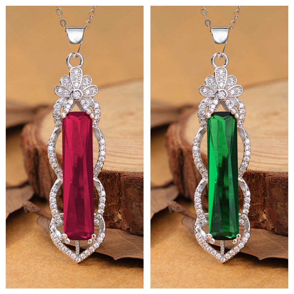 Goldkingdom Fashion Perhiasan Aksesoris Ready Stock Perak Disepuh Tourmaline Emerald Pendant Atmosfer Fashion Elegan Ruby Perempuan Kalung.