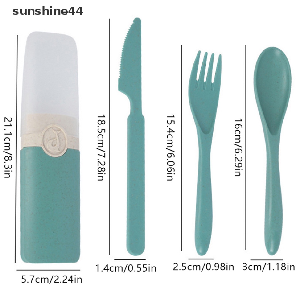 Sunshine Portable Reusable Spoon Fork Travel Piknik Wheat Straw Set Peralatan Makan Dengan Kotak ID