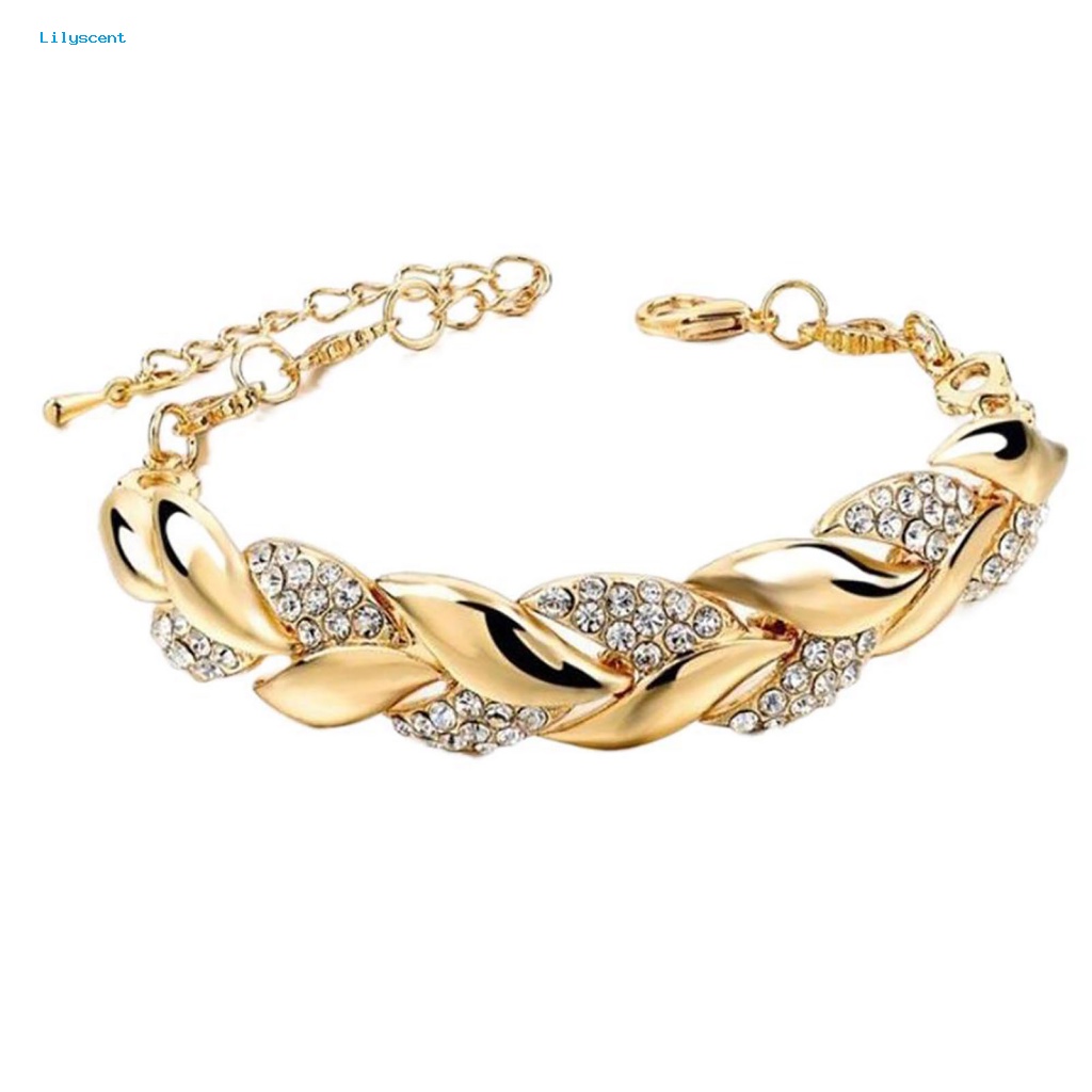 Lilyscent Adjustable Golden Leaves Gelang Berlian Imitasi Bangle Daun Elegan Untuk Wanita