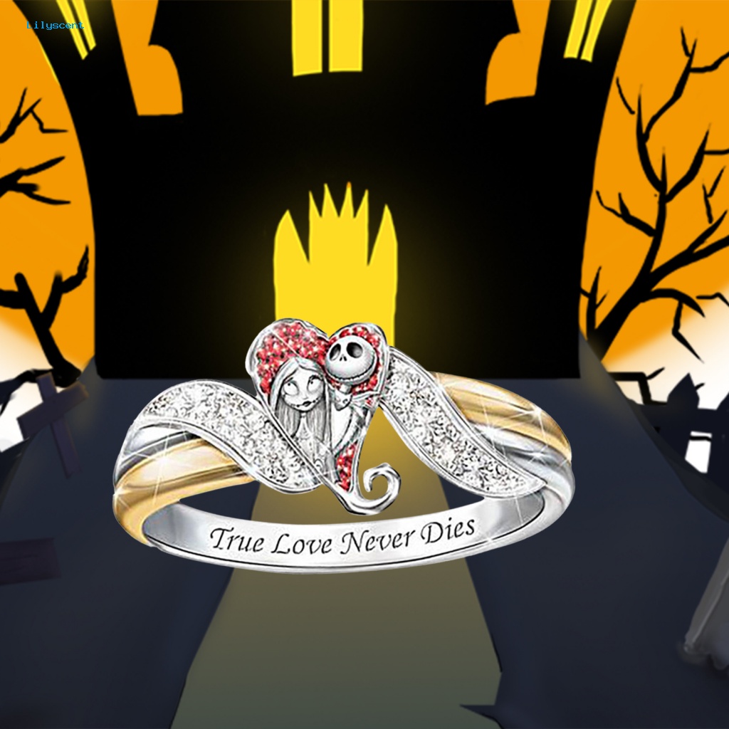 Lilyscent Menawan Wanita Cincin Aksesori Perhiasan Pola Hantu Huruf Cetak Berlian Imitasi Halloween Ring Shiny