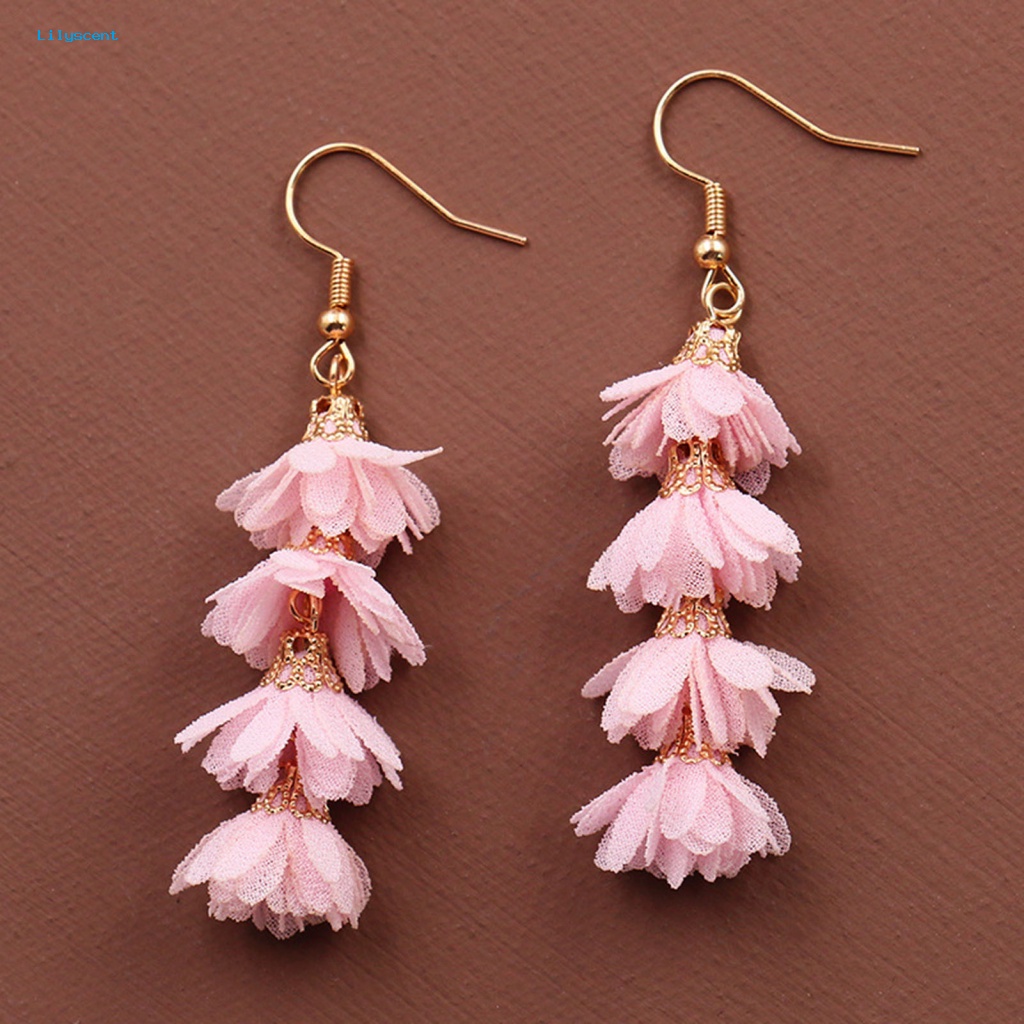 Lilyscent 1pasang Aksesori Menjuntai Anting Pesona Hadiah Kain Bunga Panjang Anting Boho Sederhana