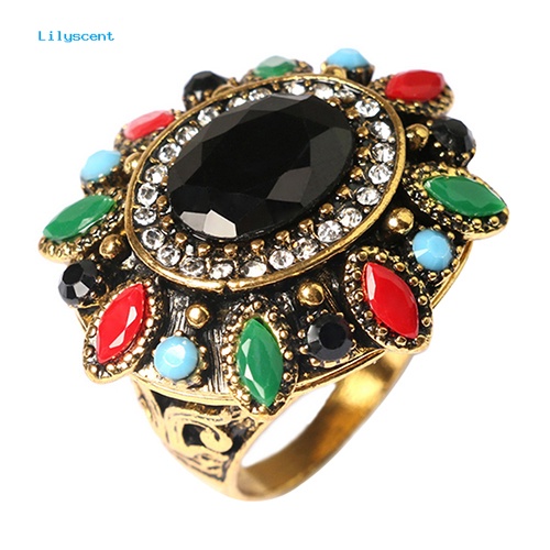 Lilyscent Wanita Gaya Etnik Retro Resin Alloy Perhiasan Pesta Cincin Bunga Besar Ukuran 7-10