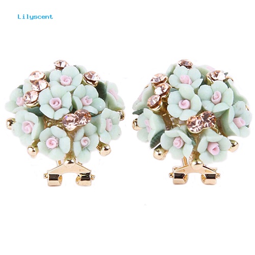 Lilyscent Wanita Gadis Pengantin Pernikahan Perhiasan Bunga Mempesona Berlian Imitasi Klip Stud Earrings