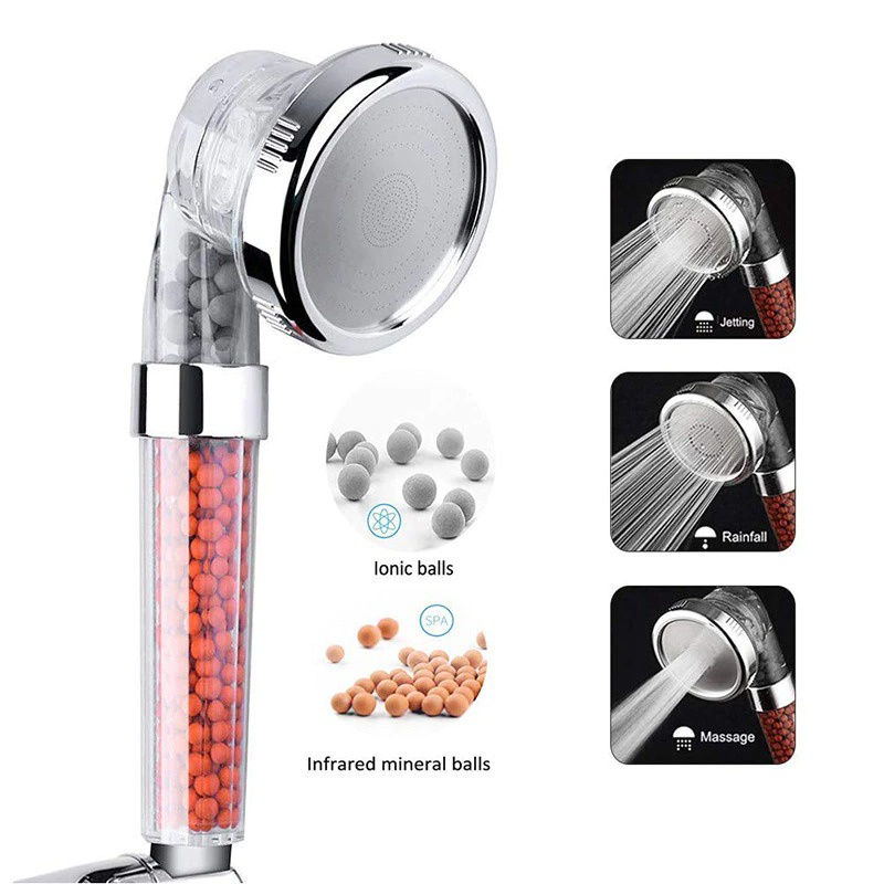 [BISA COD] Kepala shower head lon spa lonizer healty crystal 3 mode bonus selang clear