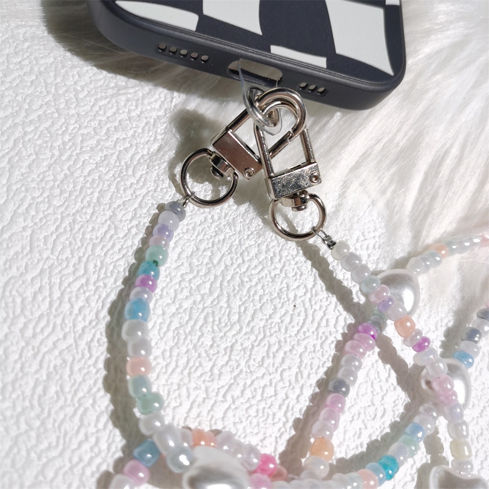 Beige Jantung Bahu Messenger Ponsel Rantai Panjang Anti-Hilang Akrilik Warna-Warni Manik Gantungan Kunci