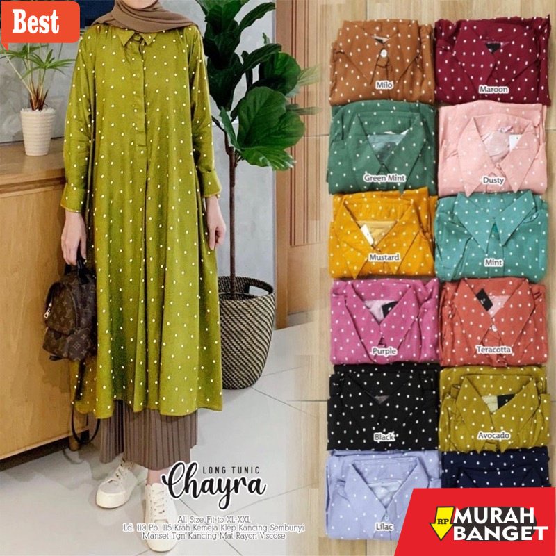 Tunik jumbo terbaru untuk wanita- CHAYRA LONG TUNIK - LONG TUNIK MOTIF POLKA BAHAN RAYON PREMIUM - T
