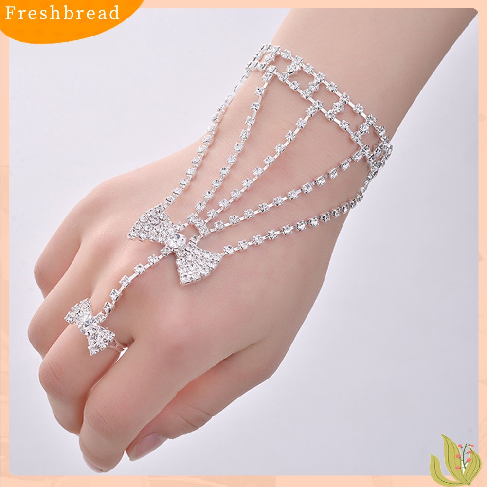 &lt; Freshbread &gt; Fashion Hati Busur Berlian Imitasi Sarung Tangan Gelang Tangan Rantai Belakang Jari Cincin Perhiasan