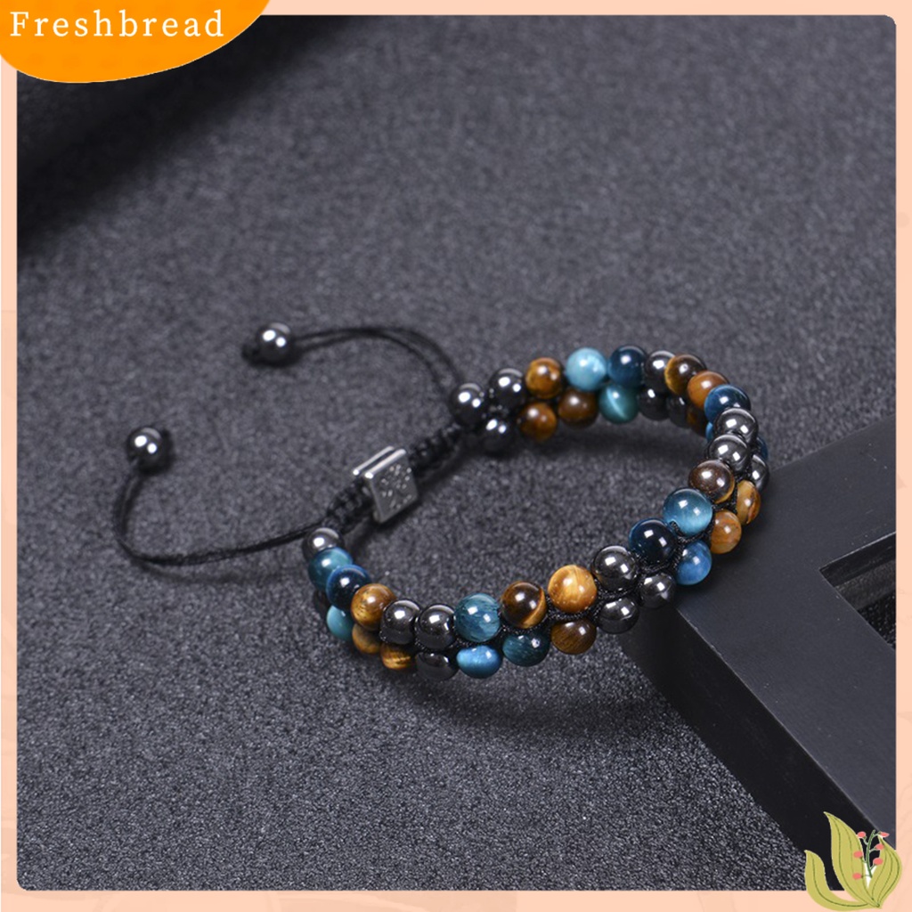 &lt; Freshbread &gt; ic Gelang 8mm Manik-Manik Bulat Double-layer Braided Natural Tiger Eye Stone Adjustable Hadiah Fashion Perhiasan Pria Wanita Penghilang Stress Penyembuhan Bangle Untuk Harian