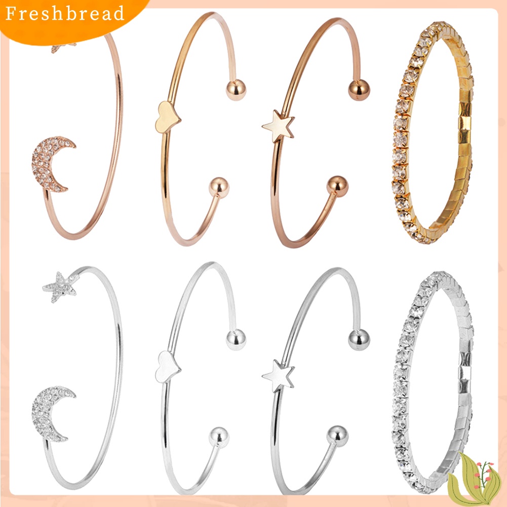 &lt; Freshbread &gt; 4Pcs/Set Bulan Bintang Hati Pesona Berlian Imitasi Bertatahkan Gelang Wanita Bangle Jewelry