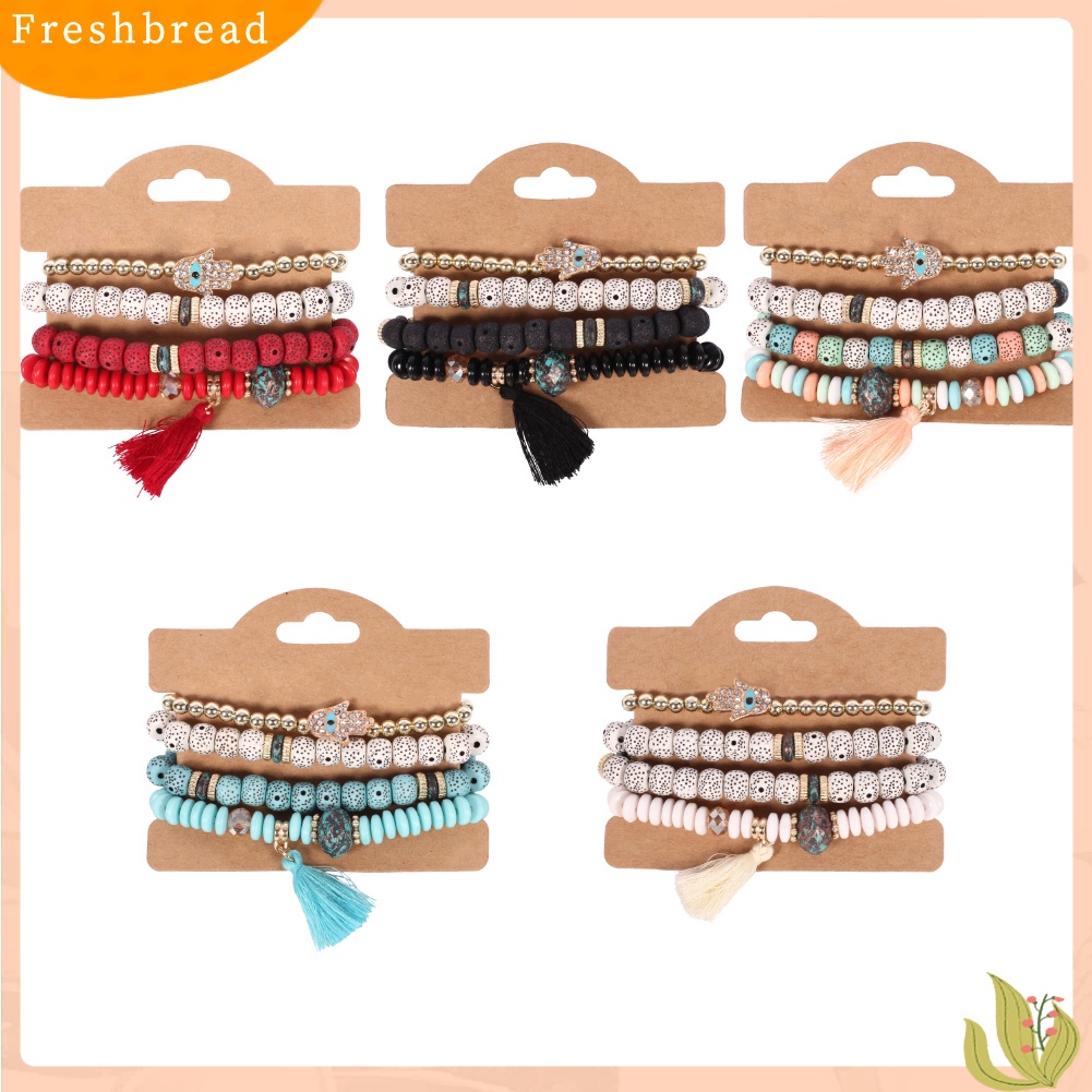 &lt; Freshbread &gt; 4Pcs Vintage Wanita Mutiara Imitasi Bodhi Beads Rumbai Gelang Set Pernyataan Perhiasan