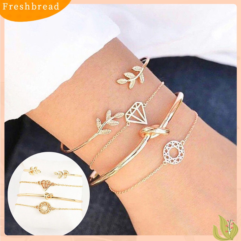 &lt; Freshbread &gt; 4Pcs/Set Boho Wanita Daun Simpul Berongga Kristal Terbuka Bangle Gelang Perhiasan Decor