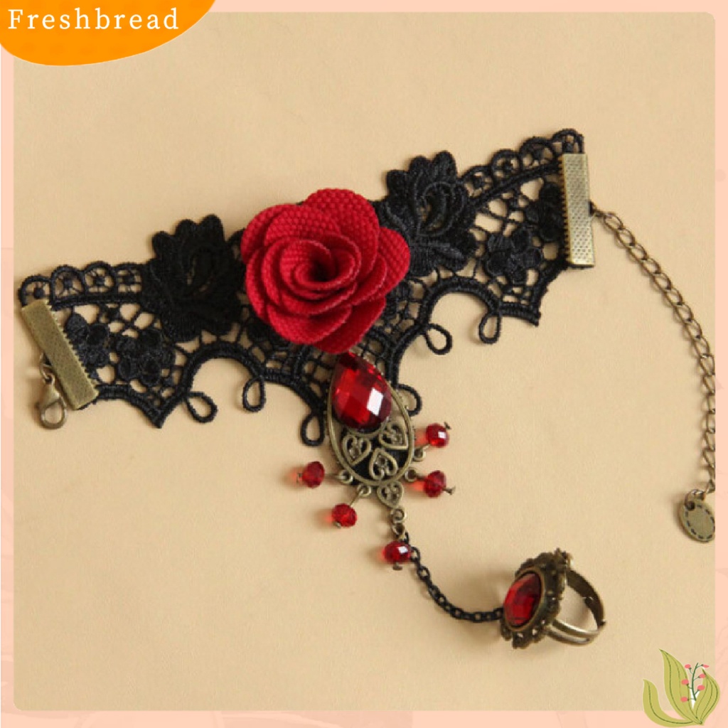 &lt; Freshbread &gt; Rose Decor Black Lace Cincin Gelang Wanita Permata Imitasi Mutiara Imitasi Cincin Tangan Rantai Perhiasan Aksesori