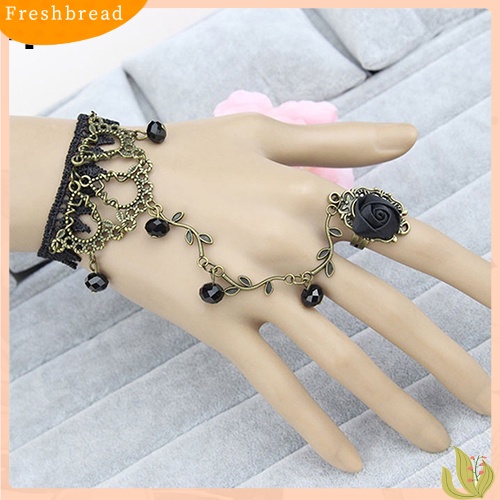 &lt; Freshbread &gt; Gothic Perhiasan Wanita Renda Bunga Tangan Budak Rantai Cincin Harness Gelang Hadiah