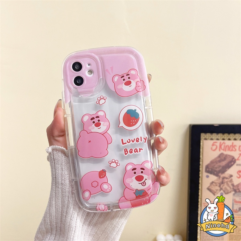 IPHONE Casing Kompatibel Untuk Iphone14 13 12 11 Pro Max X Xr Xs Max8 7 6 6s Plus Kartun Lucu Strawberry Bear Phone Case Clear Airbag Cushion Silikon Tebal Shockproof Cover Pelindung