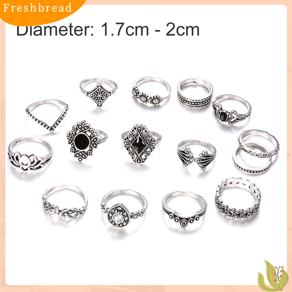 &lt; Freshbread &gt; 15Pcs/Set Wanita Berongga Lotus Bunga Matahari Geometris Faux Permata Susun Jari Cincin