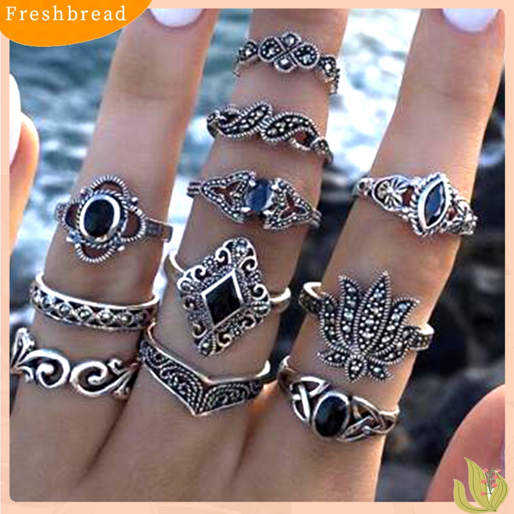 &lt; Freshbread &gt; 11Pcs Wanita Faux Gemstone Ukiran Hollow Waterdrop Lotus Finger Rings Perhiasan