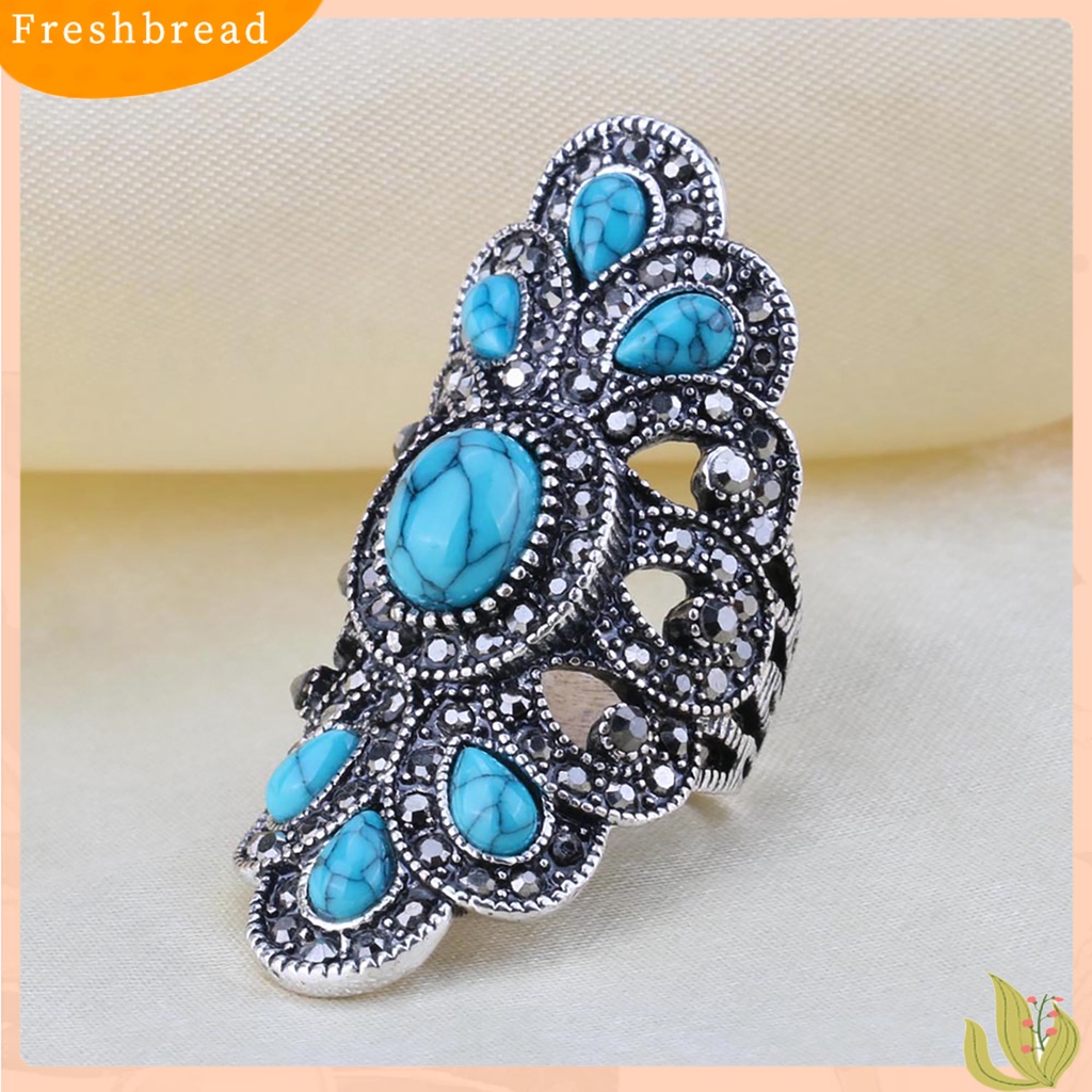 &lt; Freshbread &gt; Vintage Bertatahkan Pirus Berlian Imitasi Jari Cincin Berongga Pesta Simetris Perhiasan