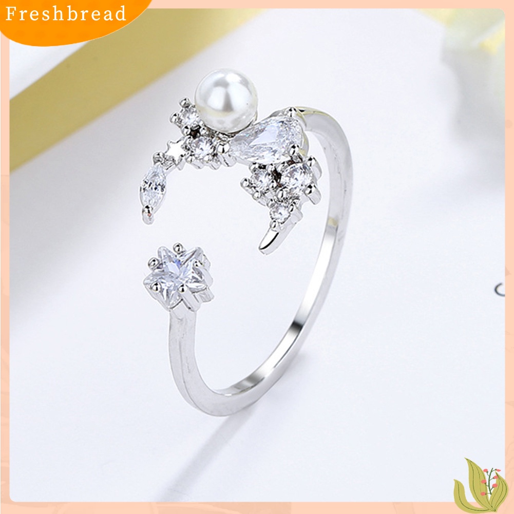 &lt; Freshbread &gt; Wanita Cubic Zirconia Mutiara Imitasi Bulan Bintang Terbuka Jari Cincin Perhiasan Yang Dapat Disesuaikan