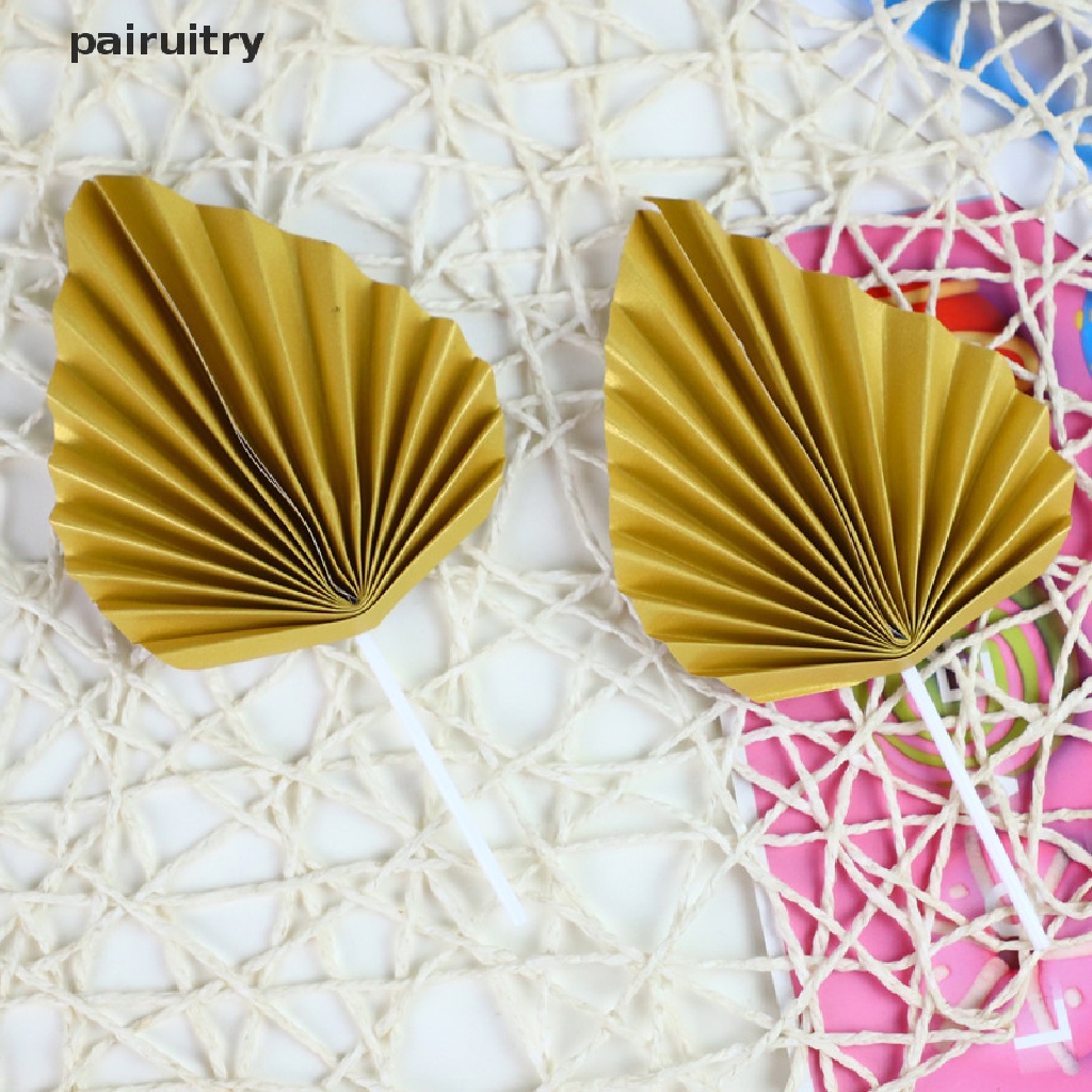 Prt 2pcs Paper Fan Cake Topper Gold Palm Leaf Dekorasi Pesta Ulang Tahun Kue Insert PRT