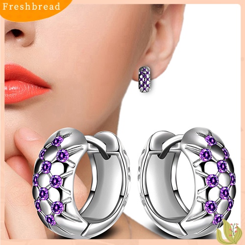 &lt; Freshbread &gt; Wanita Elegan Ungu Cubic Zirconia Ear Hoop Huggie Earrings Perhiasan Hadiah