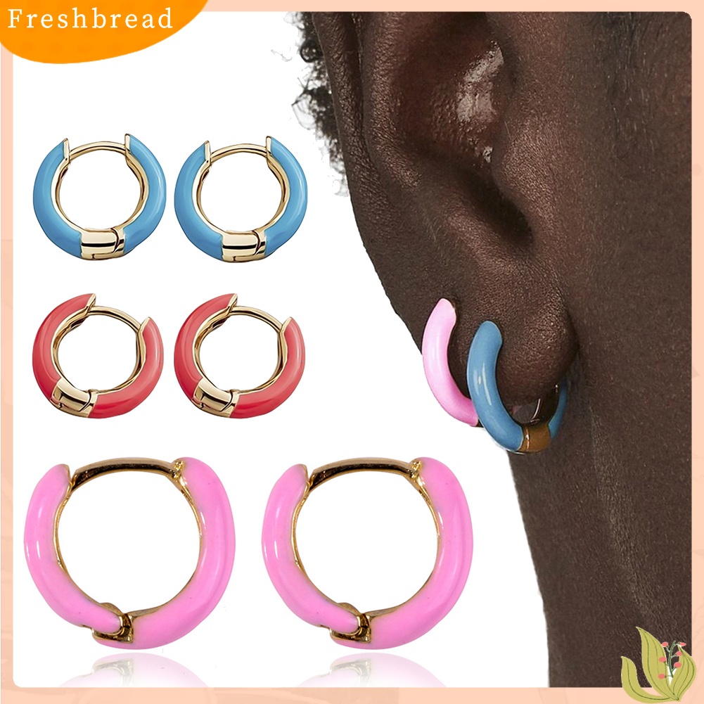 &lt; Freshbread &gt; Wanita Fashion Blok Warna Lingkaran Pesona Enamel Huggie Anting Pesta Perhiasan Hadiah