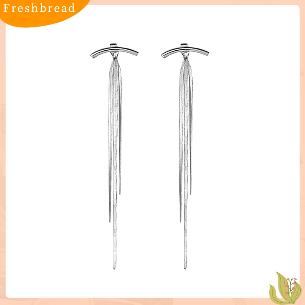 &lt; Freshbread &gt; 1pasang Benang Panjang Rumbai Menjuntai Anting Logam Glossy Arc Bar Stud Earrings Perhiasan Aksesoris