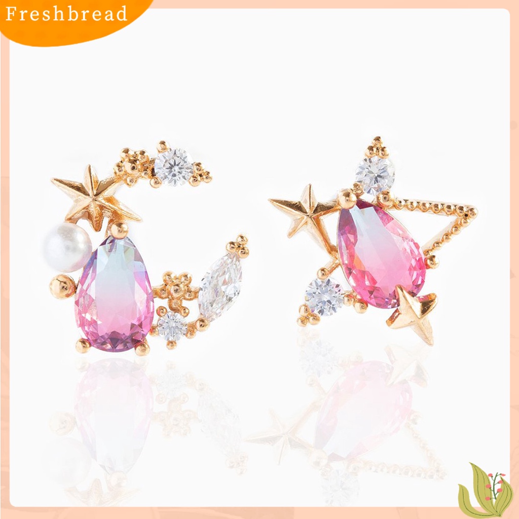 &lt; Freshbread &gt; 1pasang Anting Tusuk Telinga Alloy Chic Piercing Hias Bulan Bintang Berlian Imitasi Untuk Liburan