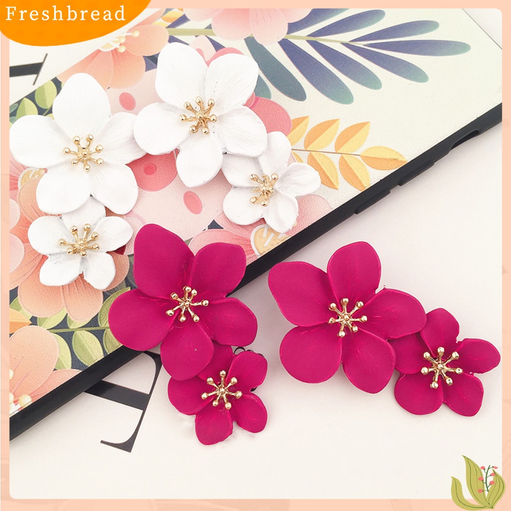 &lt; Freshbread &gt; Wanita Manis Warna Solid Dual Bunga Panjang Menjuntai Stud Earrings Perhiasan Pesta