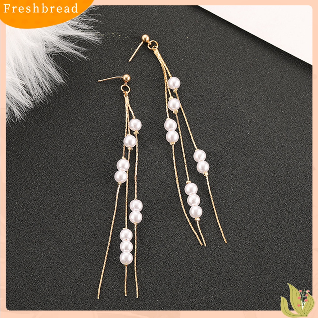 &lt; Freshbread &gt; 1pasang Anting Menjuntai Jumbai Panjang Elegan Alloy Berkilau Berlian Imitasi Anting Mutiara Imitasi Untuk Wanita