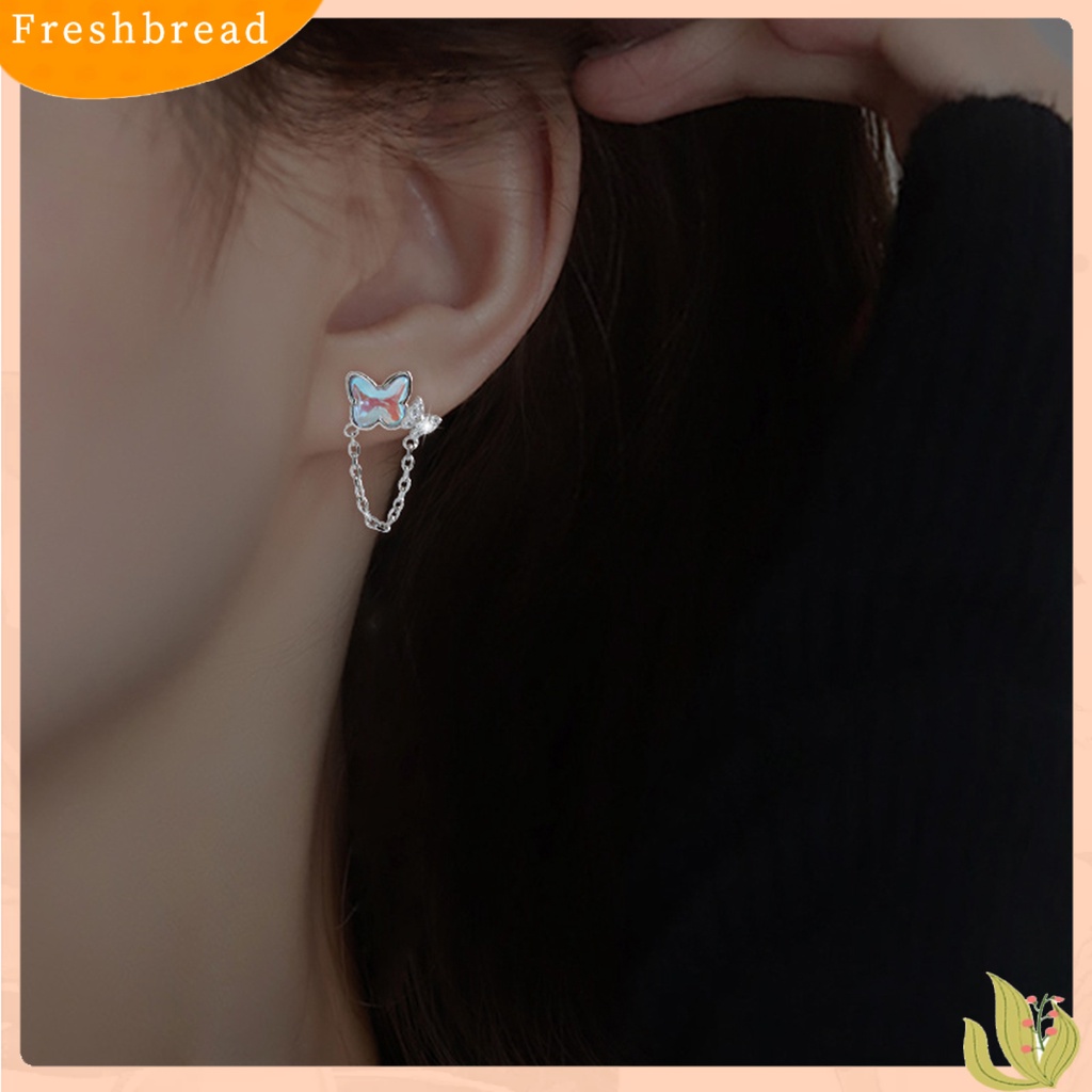 &lt; Freshbread &gt; 1pasang Ear Studs Mini Faux Moonstone Elegan Berlian Imitasi Tertanam Kupu-Kupu Rantai Wanita Anting Perhiasan Fashion