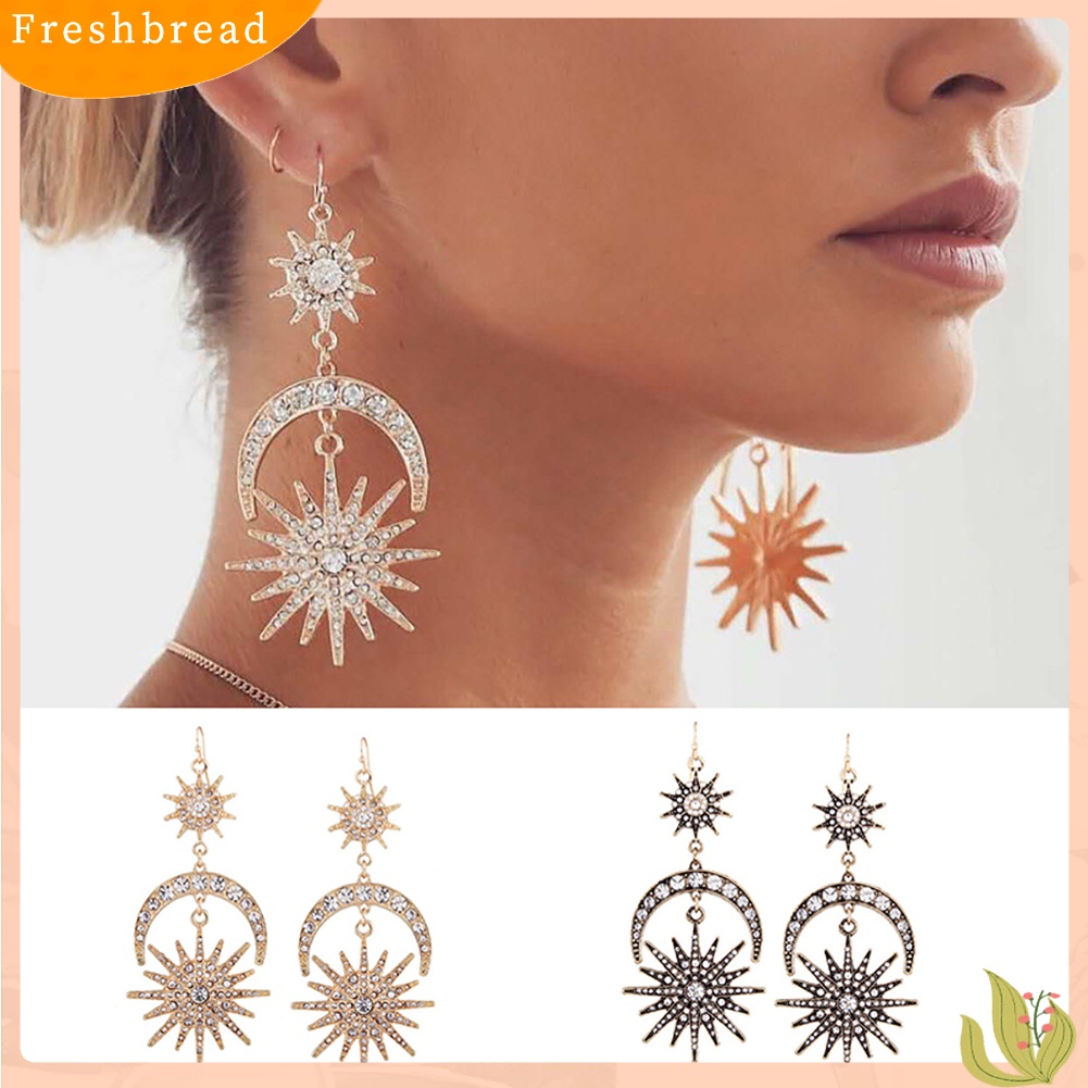 &lt; Freshbread &gt; Mewah Matahari Bulan Drop Anting-Anting Berlian Imitasi Mengkilap Ear Hook Boho Statement Jewelry