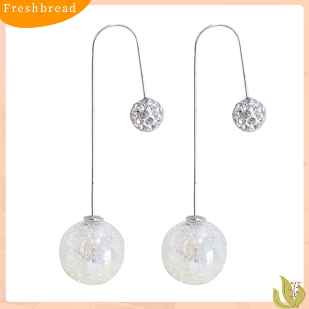 &lt; Freshbread &gt; Wanita 2ujung Bola Tembus Retak Mutiara Imitasi Menjuntai Panjang U Hook Earrings