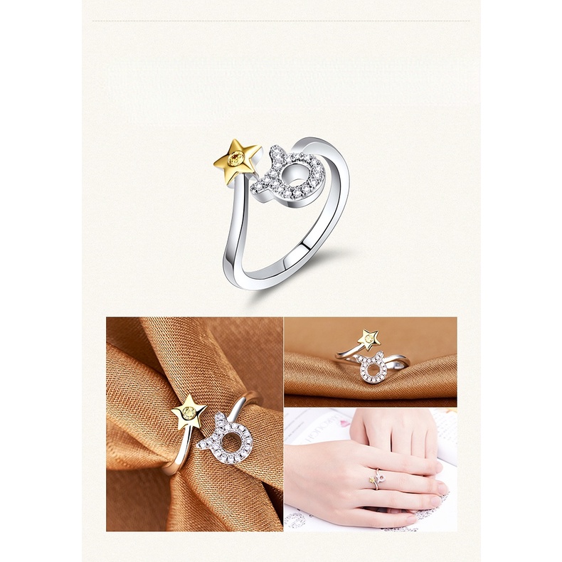 Goldkingdom Fashion Perhiasan Aksesoris Ready Stock Korea Fashion Perhiasan Perak Rasi Bintang Pembukaan Cincin Dua Belas Rasi Bintang Cincin Berlapis Dengan Platinum Dan Perhiasan Perak.
