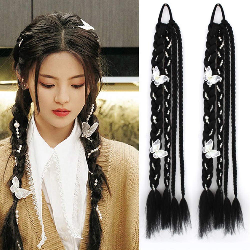 1pcs Gaya Korea Y2K Mutiara Memutar Kepang Dengan Kupu-Kupu Tulang Ikan Double Ponytail Wig Untuk Wanita Gadis Aksesoris Rambut