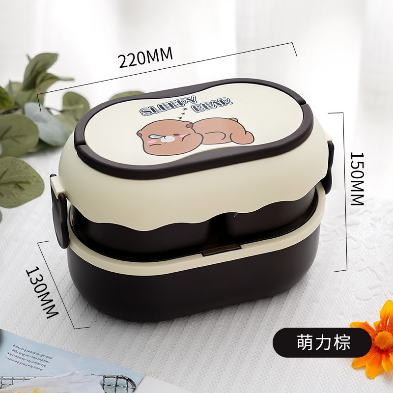 Stainless steel lunch box Kartun Double layer Siswa Kotak Makan Anak Sendok Garpu Sekat microwave oven bento box