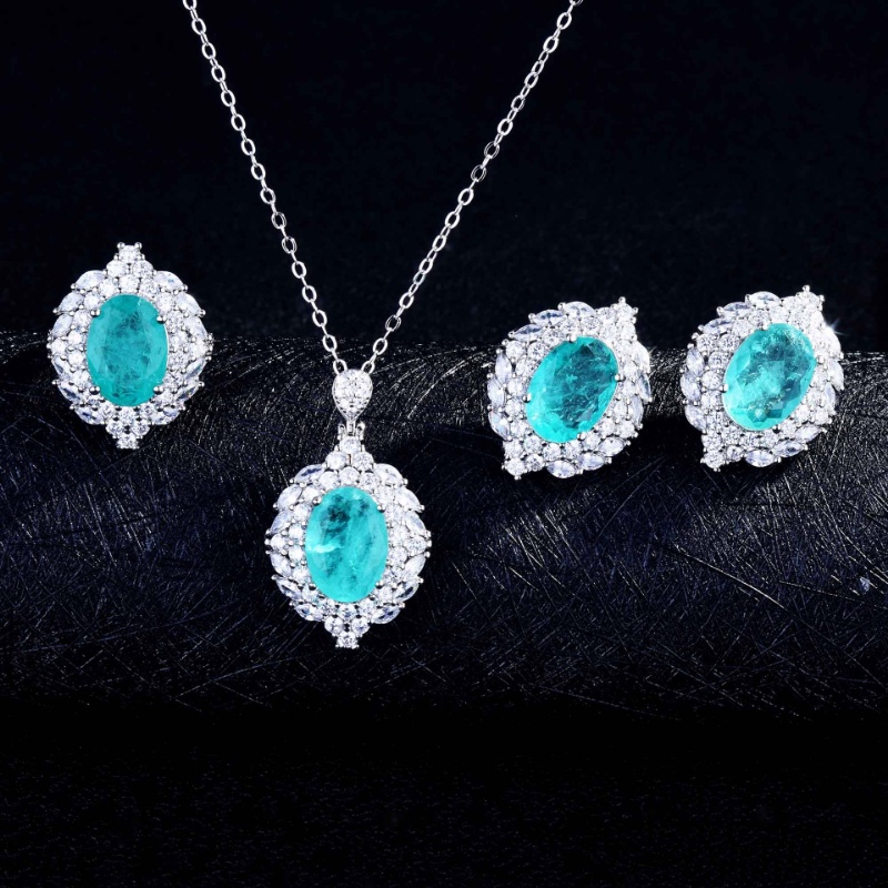 Goldkingdom Fashion Perhiasan Aksesoris Ready Stock Mewah Paraiba Liontin Mewah Set Dengan Penuh Berlian Pajangan Berlian Set Warna-Warni Harta Anting Terbuka Cincin Perempuan