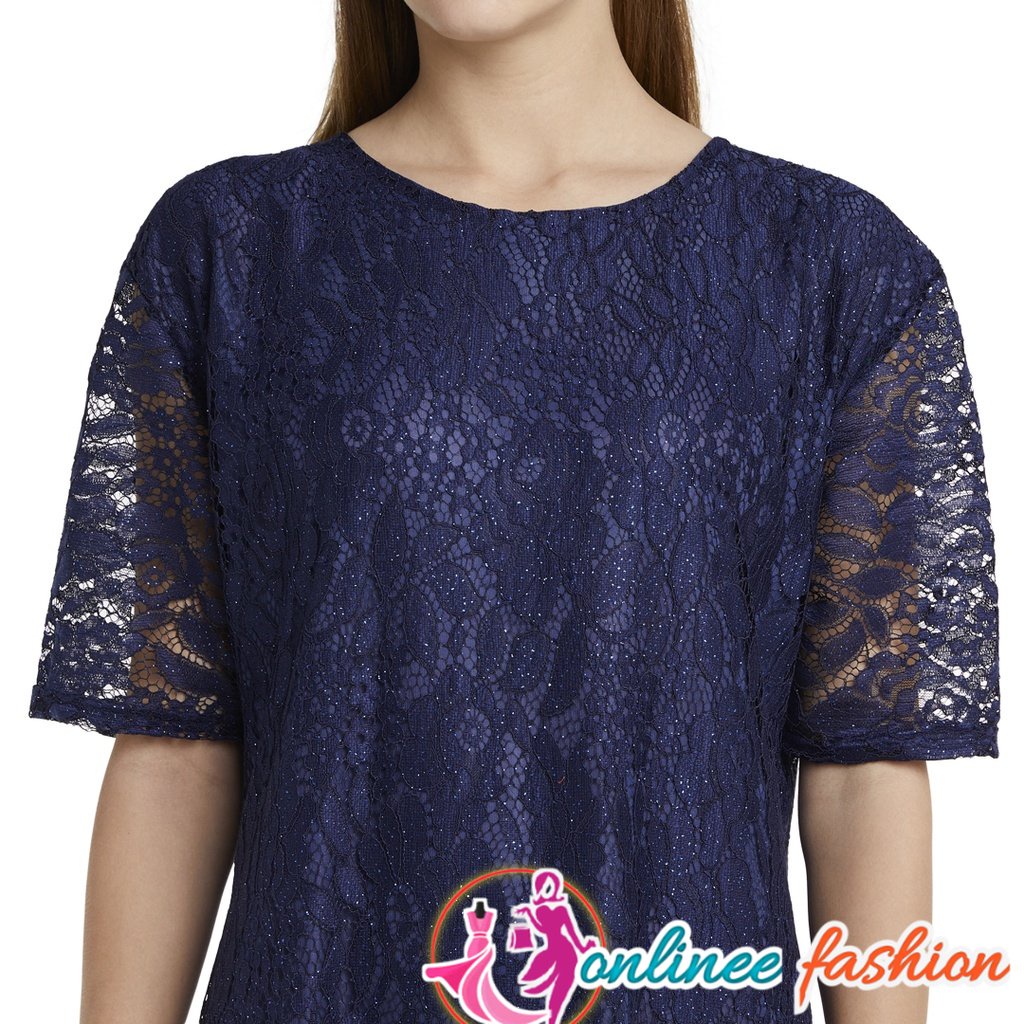 Midi Dress Jumbo Korea Casual Cintari Navy Dres Wanita Lengan Pendek Brokat lapis furing