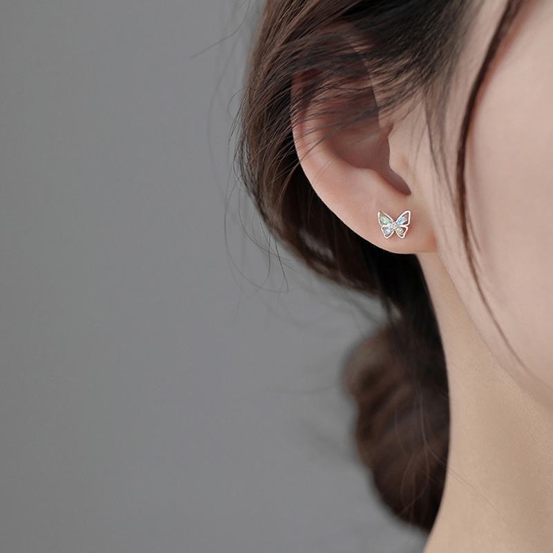 Papaozhu Chic S925 Perak Berkilau Warna-Warni Kristal Kupu-Kupu Stud Anting-Anting Untuk Wanita Perempuan Elegan Bersinar Zirkon Anting Trendi Telinga Perhiasan