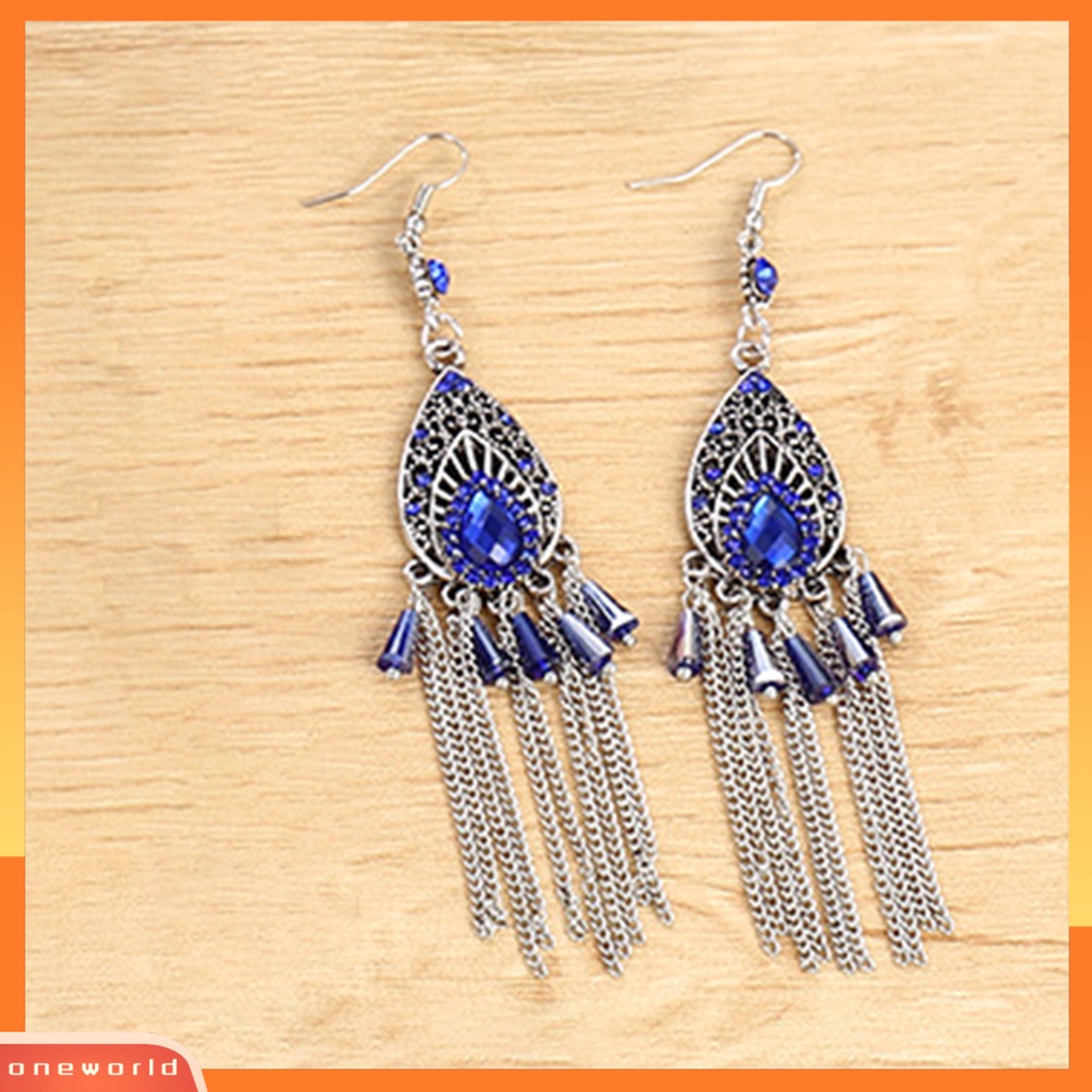 [OWR] 1pasang Wanita Anting Drop-shaped Rumbai Panjang Hias Berlian Imitasi Tahan Keringat Anti Karat Gaya Cina Drop Earrings Fashion Perhiasan