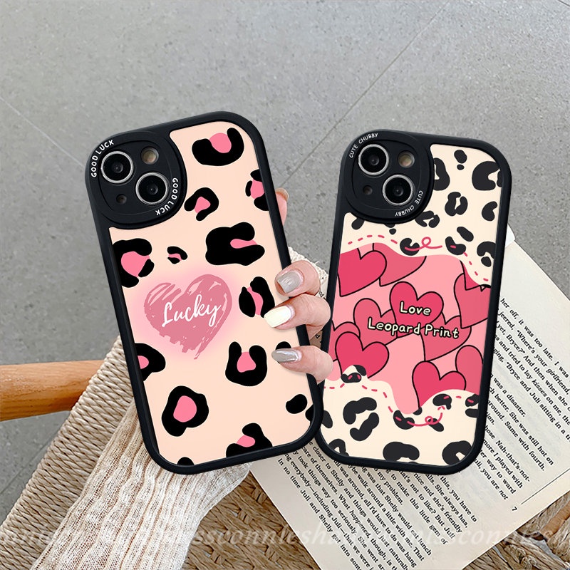 IPHONE Fashion Cinta Hati Case Kompatibel Untuk Iphone7 8 Plus XR 11 13 14 12 Pro Max X XS Max 6 6s Plus SE 2020 Leopard Print Pasangan Lensa Bulat Shockporoof Lembut Tpu Phone Cover