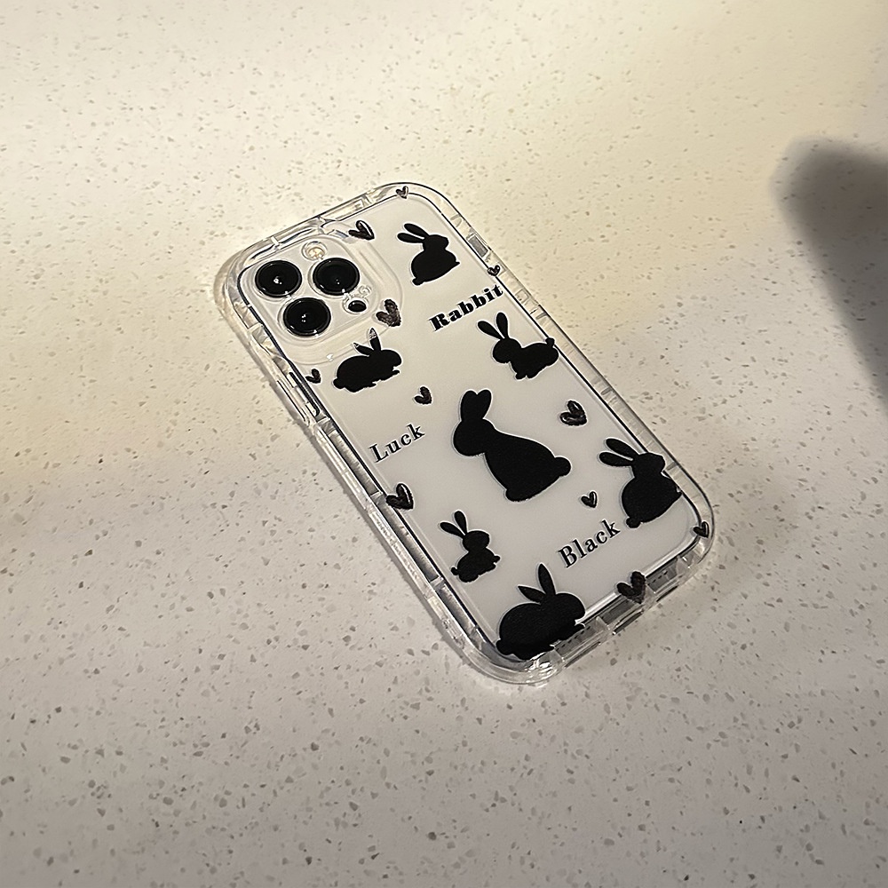 IPHONE Ins Cinta Lucu Kelinci Hitam Kartun Dengan Kartu Glitter Bahan Silikon Case Untuk Iphone14 11 12 13 PRO MAX Casing Cover Pelindung AT0152
